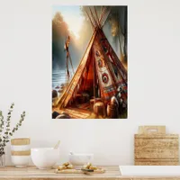 Tranquil native Indian teepee by a serene river Poster