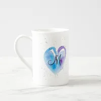 Blue Watercolor Heart Monogram Bone China Mug