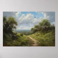 Oil painting winding path through hilltop meadow poster