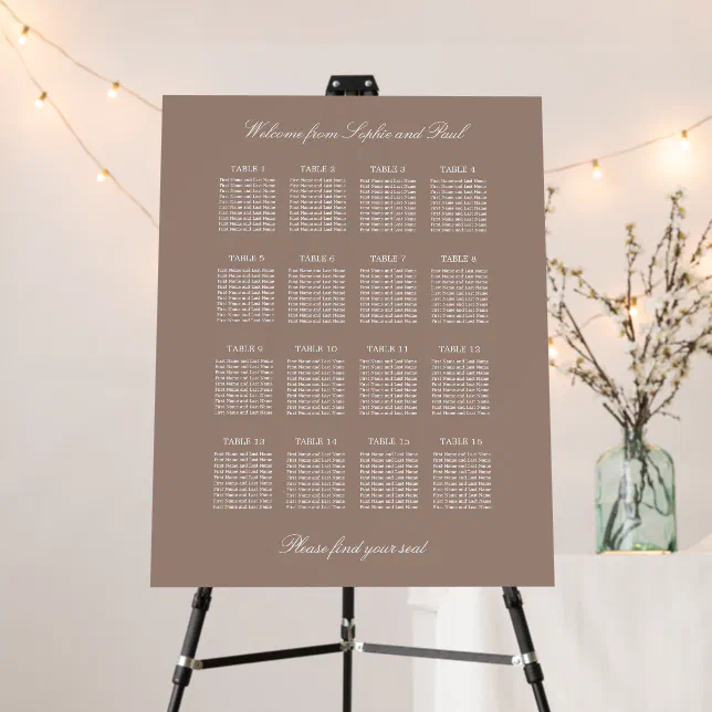 Taupe 16 Table Wedding Seating Chart Foam Board