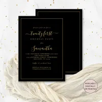 Gold Script Border 21st Birthday Party Black Invitation