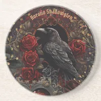 Dark Gothic Beauty Red Roses Black Crow Raven Bird Coaster