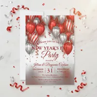 Glam Chic Red Silver Balloons New Year's Eve Party Invitation