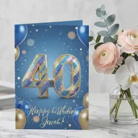 Elegant Blue Gold Sparkly Balloons 40th Birthday Card