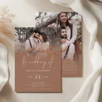 Modern 2 Photos Overlay QR Code Brown Wedding  Invitation