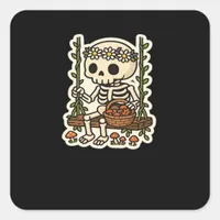Cottagecore Skeleton With Flower Crown Square Sticker