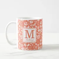 Coral Peach Tropical Flowers Monogram Coffee Mug