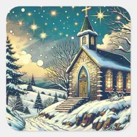 Pretty Church on a Winter Christmas Square Sticker