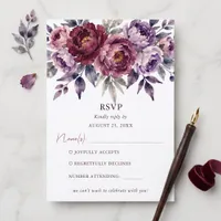 Floral Moody Plum Burgundy Watercolor Wedding RSVP Card