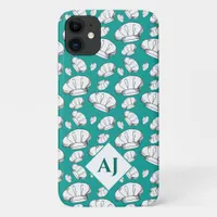 White Chef Hats and Monogram on Teal Blue iPhone 11 Case