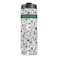 Hand Drawn Floral White Black Pattern & Green Name Thermal Tumbler