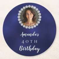 Blue white photo diamonds round paper coaster