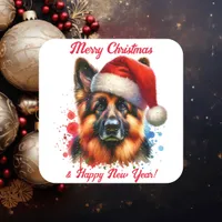 German Shepherd Dog in Santa Hat Christmas   Square Sticker