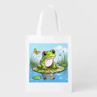 Cute Frog on a Lily Pad Grocery Bag