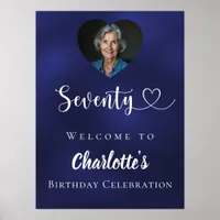 Navy blue 70th birthday party photo heart welcome poster