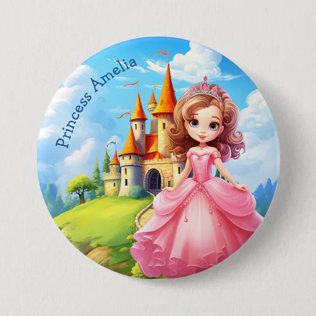 Cute Princess in a Fairy Tale Castle Personalized Button