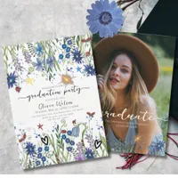 Elegant Blue and Navy Floral & Photo Graduation Invitation