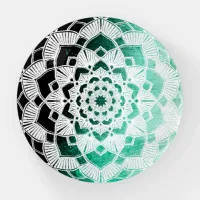 Green and White Mandala Abstract Paperweight