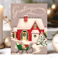 Vintage Christmas House In Snow Greetings Holiday Postcard