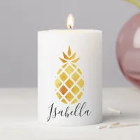 Gold pineapple white name pillar candle