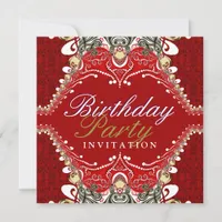 Exotic Red Batik Damask Birthday Party Invitations