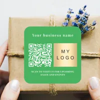 Business name green logo qr code square sticker