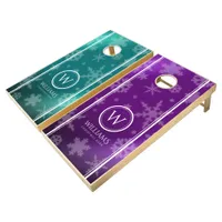 Festive Light Blue & Purple Foil Snowflakes Name Cornhole Set