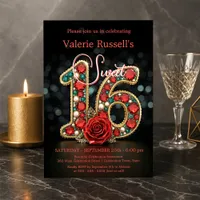 Glimmering Ruby Teal Pearl Gemstone Rose Sweet 16 Invitation