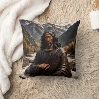 Jesus Statue in Mountain River Landscape Throw Pillow