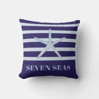 Blue starfish stripes text coastal outdoor pillow