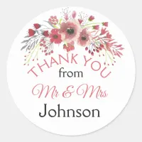 Mauve Floral Thank You Personalized Mr & Mrs Classic Round Sticker