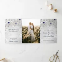 Silver Navy Blue Snowflake Winter Wedding   Tri-Fold Program