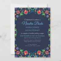 Navy Blue Vintage Folkloric Floral Spanish Wedding Invitation