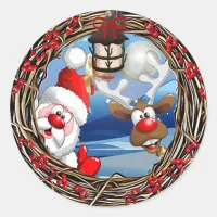 Santa Claus and Reindeer Christmas Classic Round Sticker