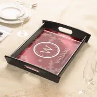 Festive Red Foil Snowflakes Monogram Name Serving Tray