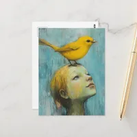Cute Blond Girl with large yellow bird on her head Postcard