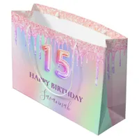 Quinceanera pink glitter drips rainbow monogram large gift bag