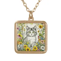 Gray Kitty Cat Sitting in Flowers  Gold Plated Necklace