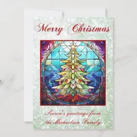 Vibrant Stained Glass Christmas Tree Green Glitter Holiday Card