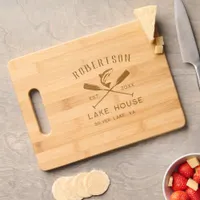 Rustic Family Name Lake House Crossed Oars Engraved Cutting Board