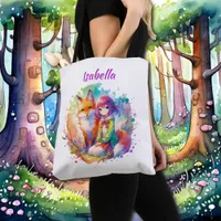 Pretty Watercolor Anime Girl and Fox Tote Bag