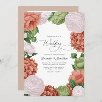 Terracotta Light Peach Olive Green Floral Wedding Invitation