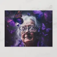 Elderly Woman and Purple Butterflies Postcard