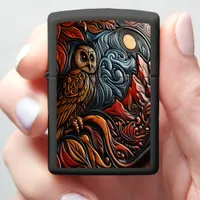 Intricate Owl Carving Amidst Mountains and Sun Zippo Lighter