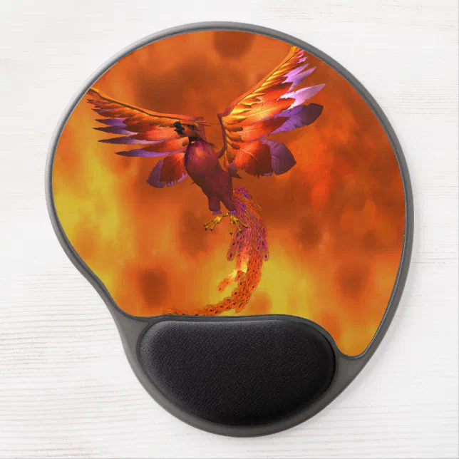 Colorful Phoenix Flying Against a Fiery Background Gel Mouse Pad