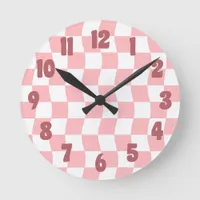 Pastel Pink White Retro Wavy Checker Pattern Round Clock