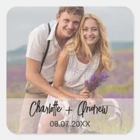 Photo names bride groom wedding favor square sticker