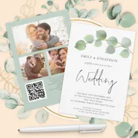 Elegant Eucalyptus Script 3 photo QR Code Wedding Invitation