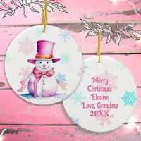 Old-Fashioned Christmas Snowman in Pink  Ceramic Ornament