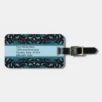 Elegant Flowery Black and Teal Damask Luggage Tag